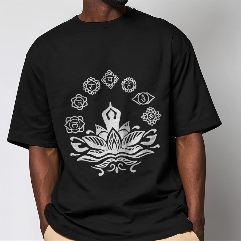 Buddha Stones Casual Meditating Figure Lotus Flower Seven Chakras Pattern Cotton Tee T-Shirt - image 5