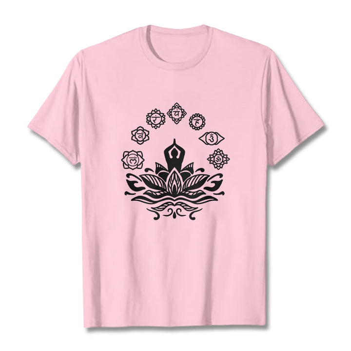 Buddha Stones Casual Meditating Figure Lotus Flower Seven Chakras Pattern Cotton Tee T-Shirt - LightPink - 2XL - image 13
