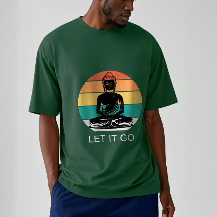 Buddha Stones Casual Colorful Striped Background Meditating Buddha Pattern Cotton Tee T-Shirt - image 2