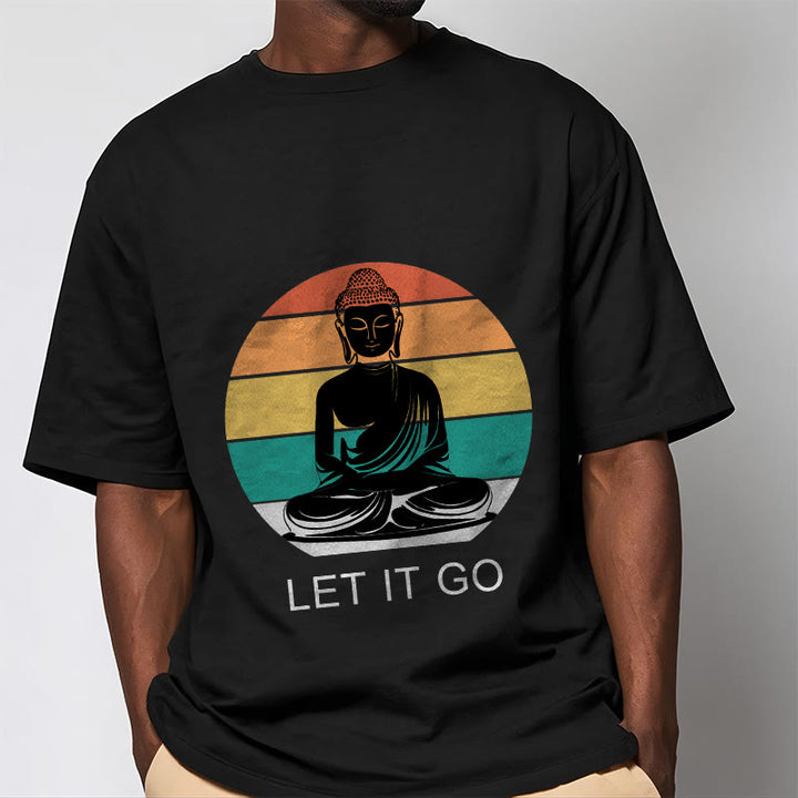 Buddha Stones Casual Colorful Striped Background Meditating Buddha Pattern Cotton Tee T-Shirt - image 5