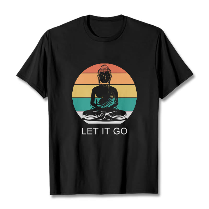 Buddha Stones Casual Colorful Striped Background Meditating Buddha Pattern Cotton Tee T-Shirt - Black - 2XL - image 4