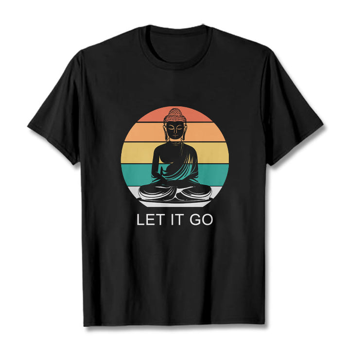 Buddha Stones Casual Colorful Striped Background Meditating Buddha Pattern Cotton Tee T-Shirt - Black - 2XL - image 4