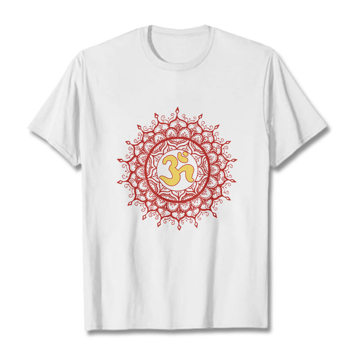 Buddha Stones Casual Red Mandala Om Symbol Pattern Cotton Tee T-shirt - White - 2XL - image 5