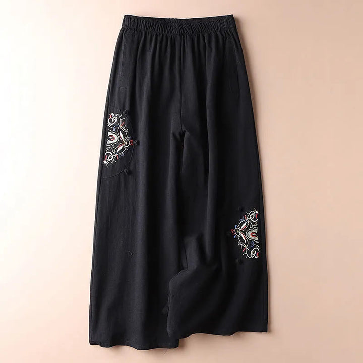 Buddha Stones Spring Ethnic Embroidery Cotton Women's Wide Leg Pants With Pockets - Black - US12，UK/AU16，EU44 (4XL) - image 12