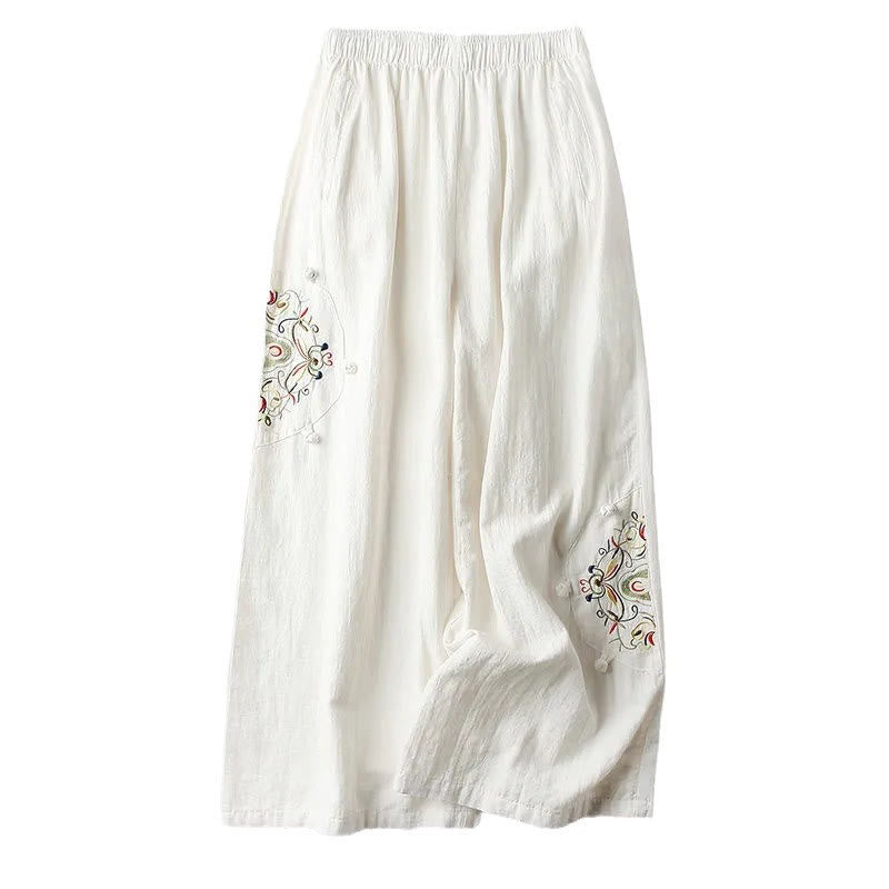 Buddha Stones Spring Ethnic Embroidery Cotton Women's Wide Leg Pants With Pockets - image 5