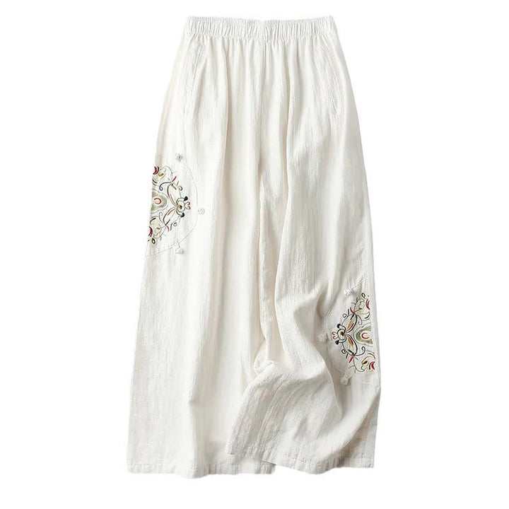 Buddha Stones Spring Ethnic Embroidery Cotton Women's Wide Leg Pants With Pockets - image 5