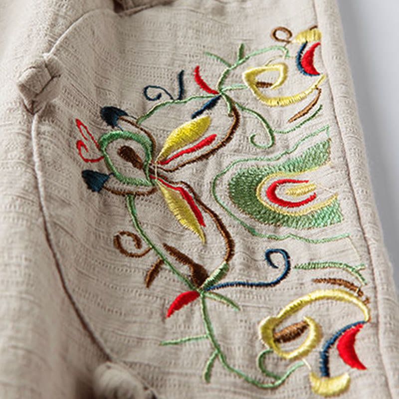 Buddha Stones Spring Ethnic Embroidery Cotton Women's Wide Leg Pants With Pockets - image 3