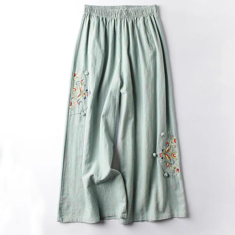 Buddha Stones Spring Ethnic Embroidery Cotton Women's Wide Leg Pants With Pockets - PaleGreen - US12，UK/AU16，EU44 (4XL) - image 6