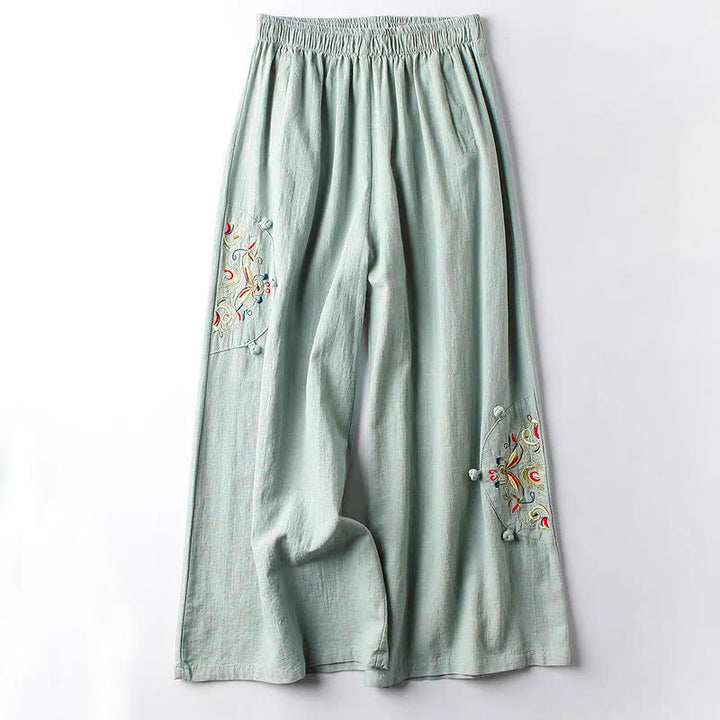 Buddha Stones Spring Ethnic Embroidery Cotton Women's Wide Leg Pants With Pockets - PaleGreen - US12，UK/AU16，EU44 (4XL) - image 6