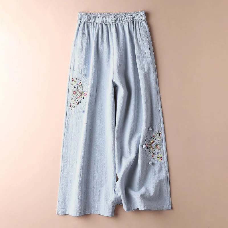 Buddha Stones Spring Ethnic Embroidery Cotton Women's Wide Leg Pants With Pockets - LightCyan - US12，UK/AU16，EU44 (4XL) - image 10