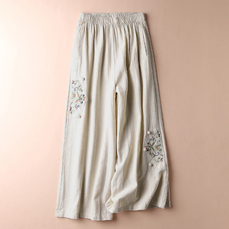 Buddha Stones Spring Ethnic Embroidery Cotton Women's Wide Leg Pants With Pockets - image 2