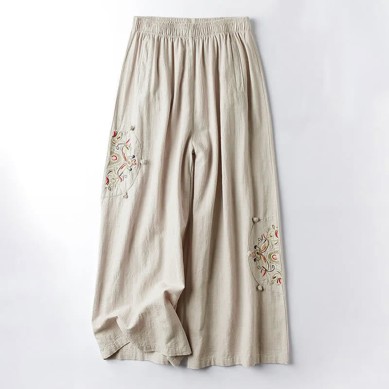 Buddha Stones Spring Ethnic Embroidery Cotton Women's Wide Leg Pants With Pockets - Linen - US12，UK/AU16，EU44 (4XL) - image 1