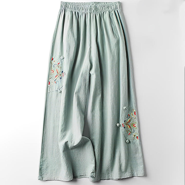 Buddha Stones Spring Ethnic Embroidery Cotton Women's Wide Leg Pants With Pockets - image 8