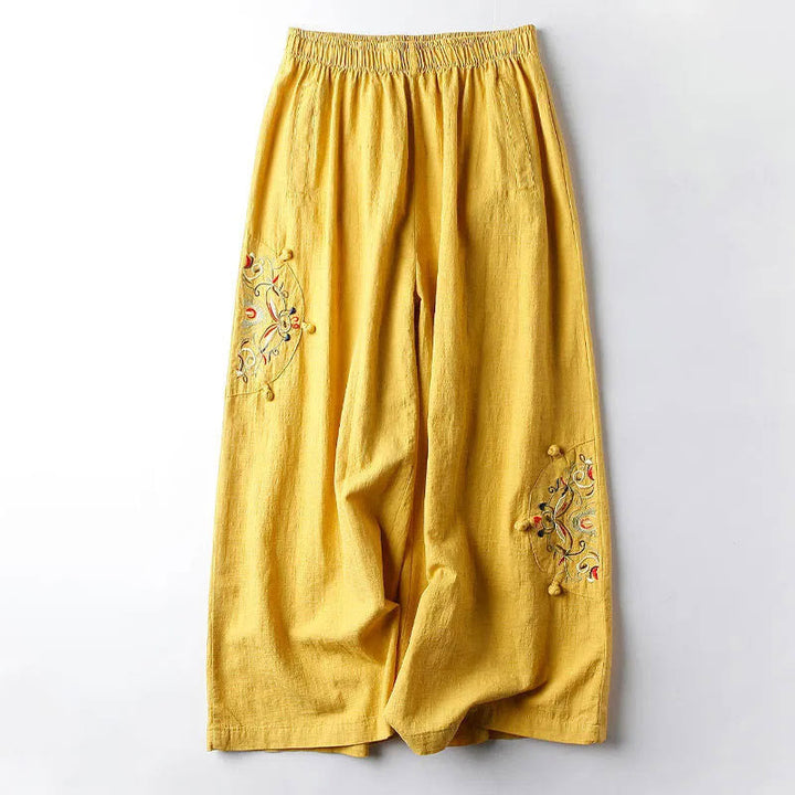 Buddha Stones Spring Ethnic Embroidery Cotton Women's Wide Leg Pants With Pockets - Gold - US12，UK/AU16，EU44 (4XL) - image 9