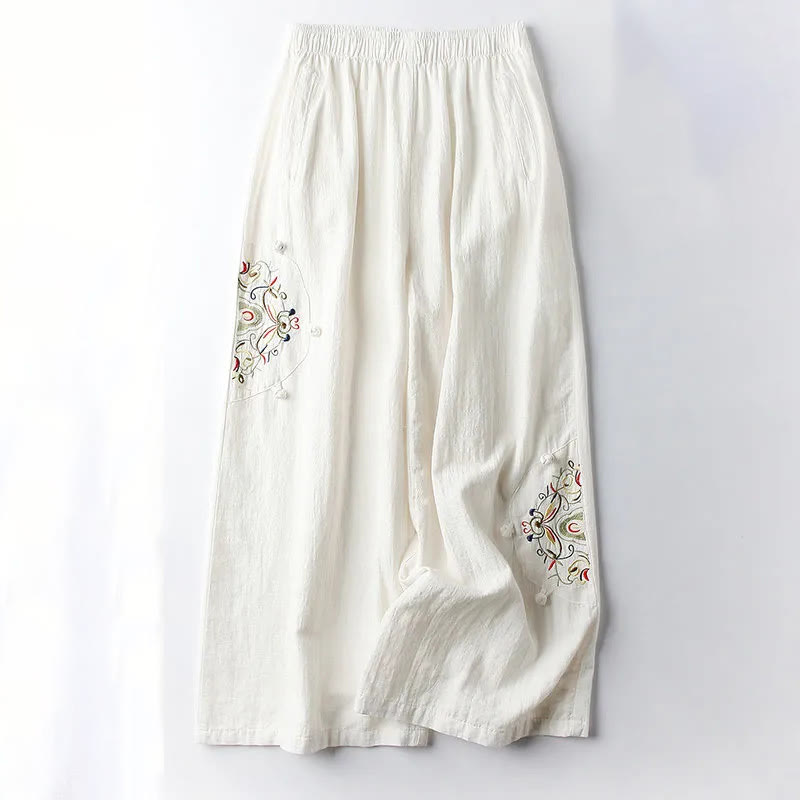 Buddha Stones Spring Ethnic Embroidery Cotton Women's Wide Leg Pants With Pockets - OldLace - US12，UK/AU16，EU44 (4XL) - image 4