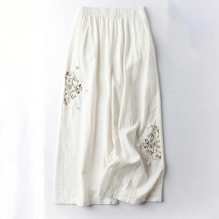 Buddha Stones Spring Ethnic Embroidery Cotton Women's Wide Leg Pants With Pockets - OldLace - US12，UK/AU16，EU44 (4XL) - image 4