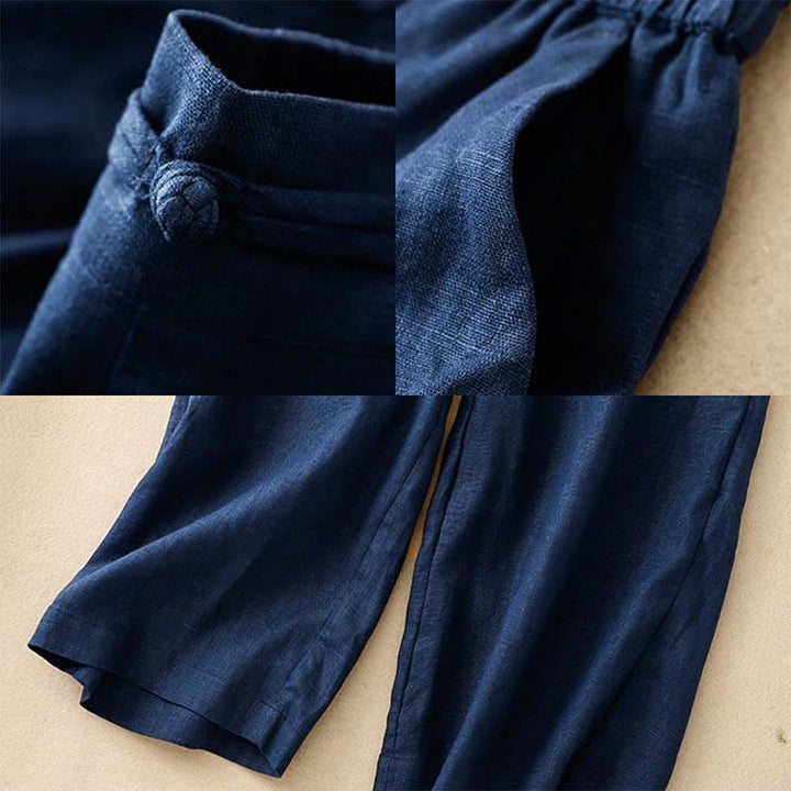 Buddha Stones Daily Solid Color Elastic Waistband Frog-Button Cotton Women's Wide Leg Pants With Pockets - image 9