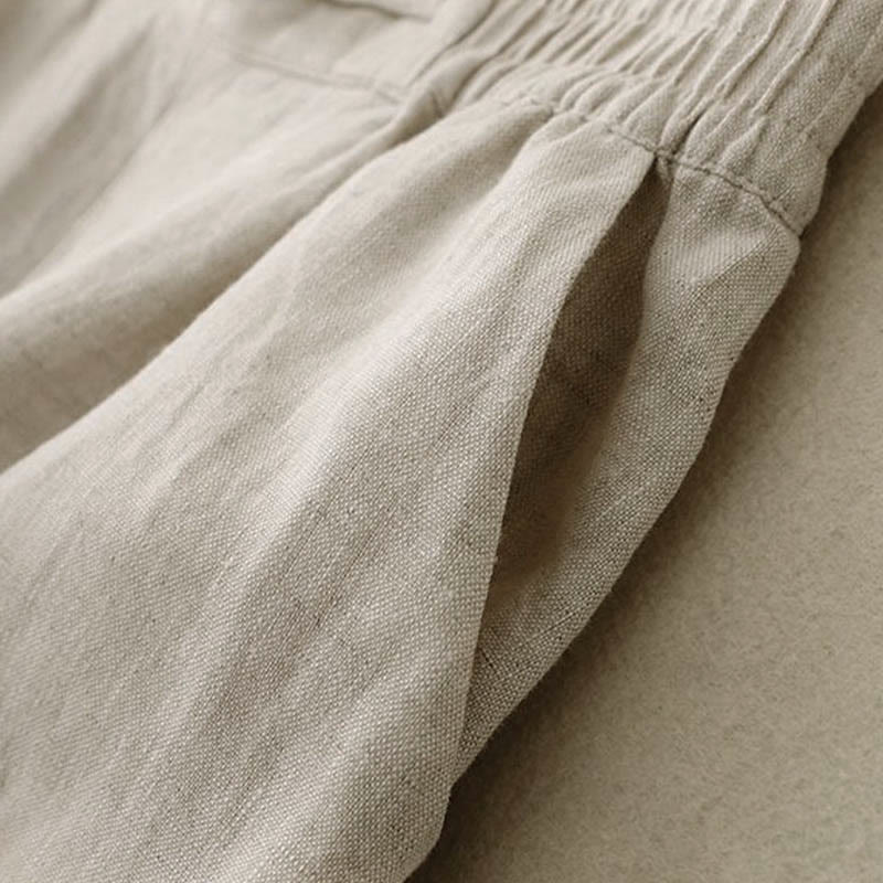 Buddha Stones Daily Solid Color Elastic Waistband Frog-Button Cotton Women's Wide Leg Pants With Pockets - image 15