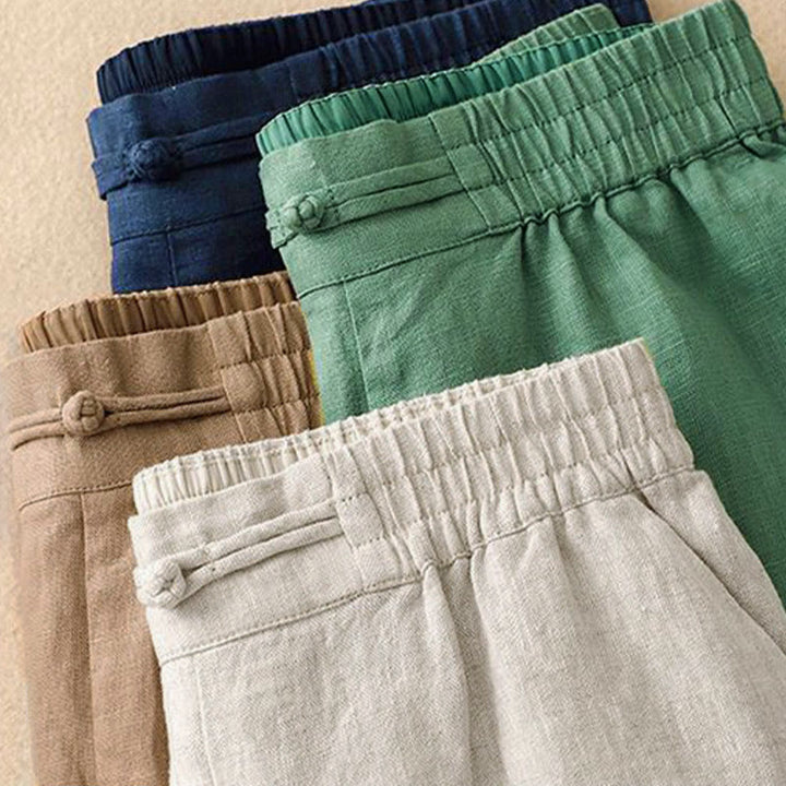 Buddha Stones Daily Solid Color Elastic Waistband Frog-Button Cotton Women's Wide Leg Pants With Pockets - image 18