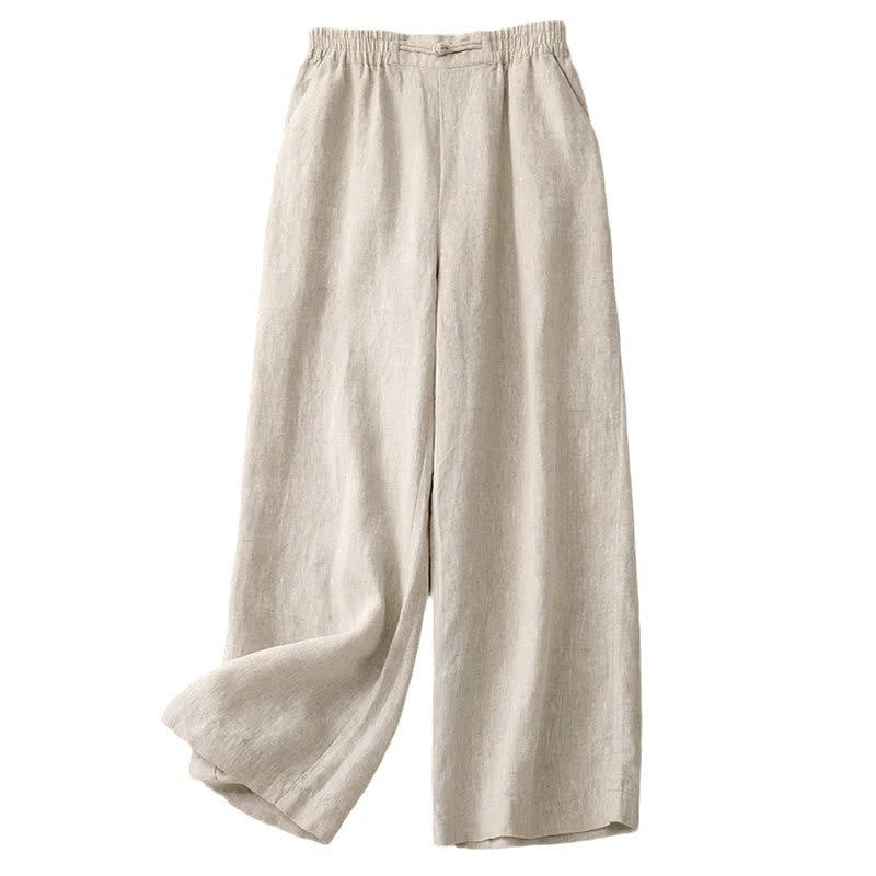 Buddha Stones Versatile Solid Color Elastic Waistband Frog-Button Cotton Women's Wide Leg Pants With Pockets - image 16