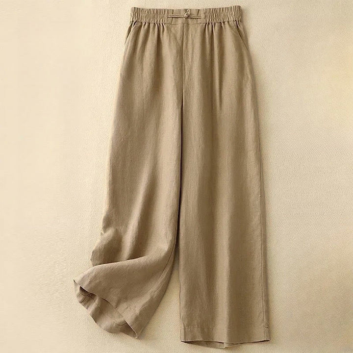 Buddha Stones Versatile Solid Color Elastic Waistband Frog-Button Cotton Women's Wide Leg Pants With Pockets - Gold - US12，UK/AU16，EU44 (3XL) - image 3
