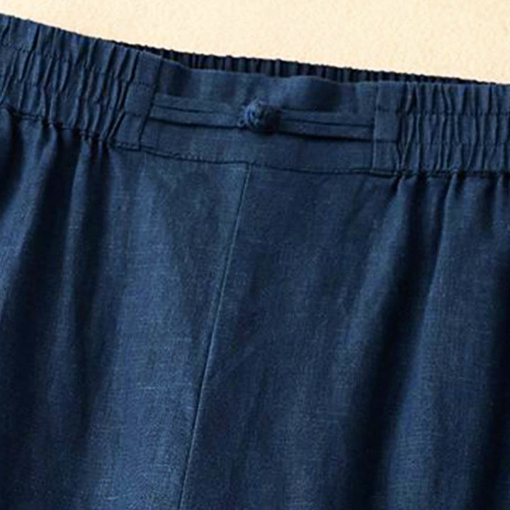 Buddha Stones Versatile Solid Color Elastic Waistband Frog-Button Cotton Women's Wide Leg Pants With Pockets - image 10