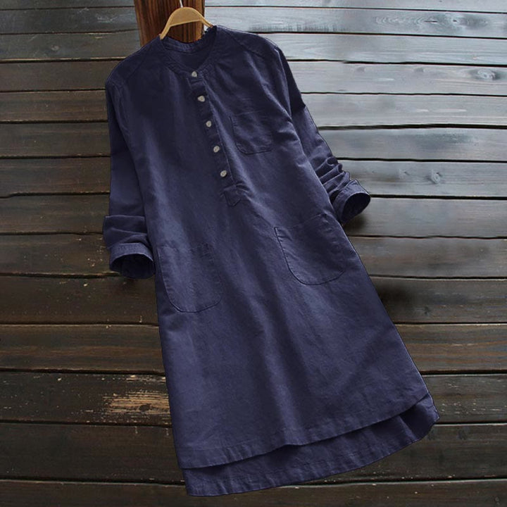 Buddha Stones Solid Buttons Long Sleeve Cotton Linen Women's Shirt With Pockets - Navy - US16，UK/AU20，EU48 (5XL) - image 15