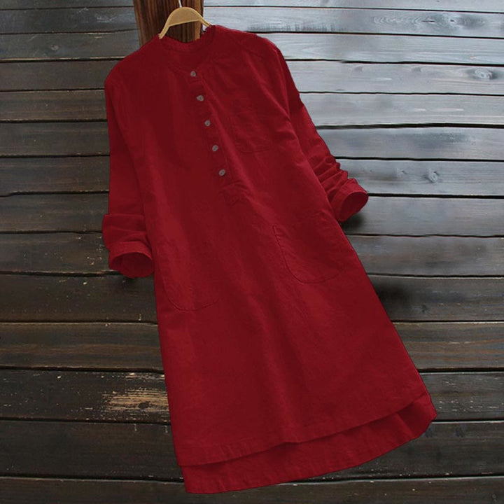 Buddha Stones Solid Buttons Long Sleeve Cotton Linen Women's Shirt With Pockets - Red - US16，UK/AU20，EU48 (5XL) - image 18