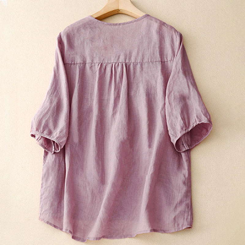 Buddha Stones Casual Plain Loose Women's V-Neck Design Half Sleeve Cotton Shirt - image 2