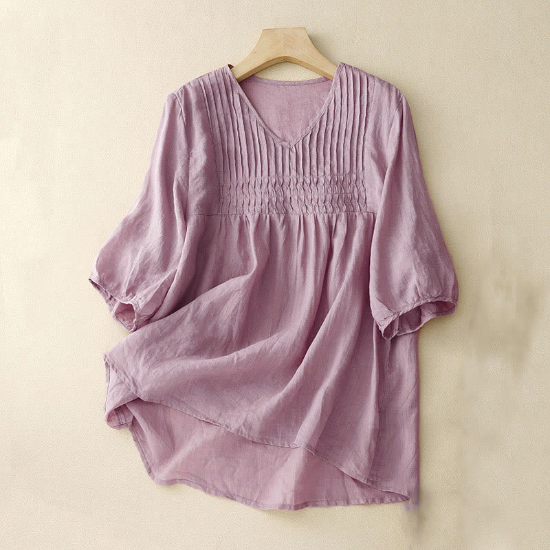 Buddha Stones Casual Plain Loose Women's V-Neck Design Half Sleeve Shirt - Thistle - US12，UK/AU16，EU44 (2XL) - image 0