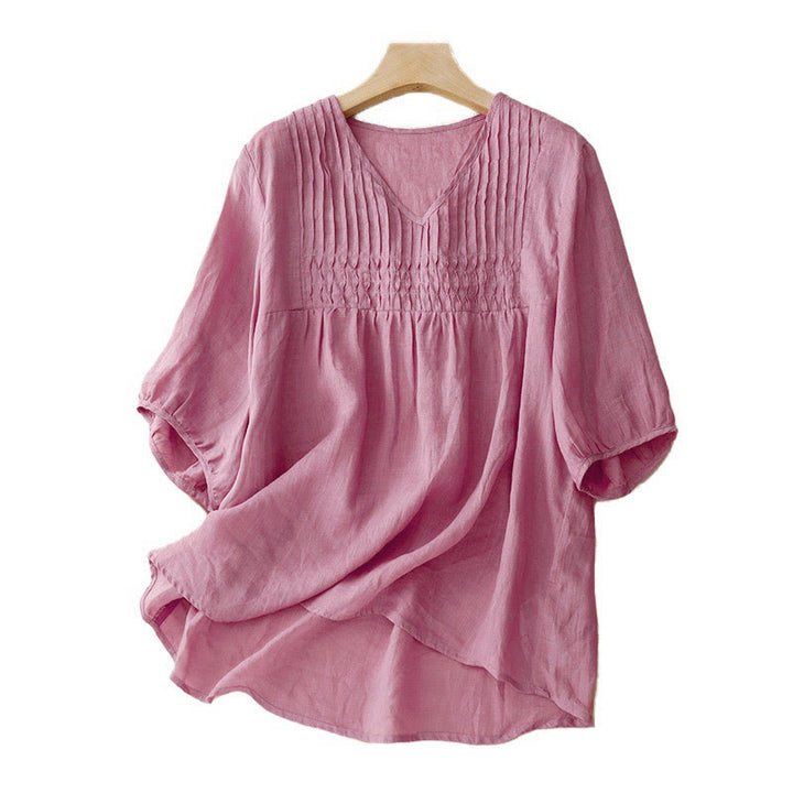 Buddha Stones Casual Plain Loose Women's V-Neck Design Half Sleeve Cotton Shirt - image 20