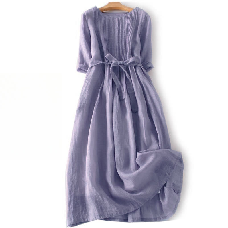 Buddha Stones Casual Lace-up Plain Crew Neck Half Sleeve Cotton Midi Dress With Pockets - Thistle - US12，UK/AU16，EU44 (3XL) - image 16
