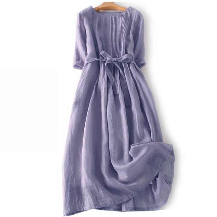 Buddha Stones Casual Lace-up Plain Crew Neck Half Sleeve Cotton Midi Dress With Pockets - Thistle - US12，UK/AU16，EU44 (3XL) - image 16