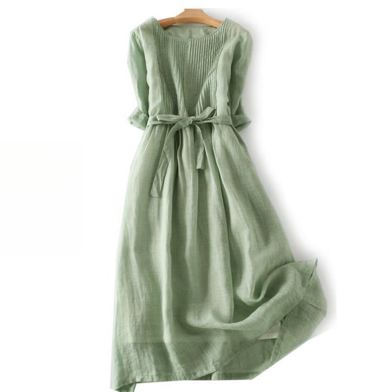 Buddha Stones Casual Lace-up Plain Crew Neck Half Sleeve Cotton Midi Dress With Pockets - DarkSeaGreen - US12，UK/AU16，EU44 (3XL) - image 20