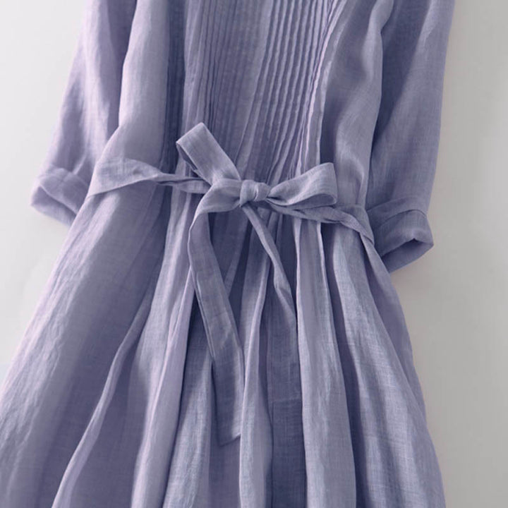 Buddha Stones Casual Lace-up Plain Crew Neck Half Sleeve Cotton Midi Dress With Pockets - image 17