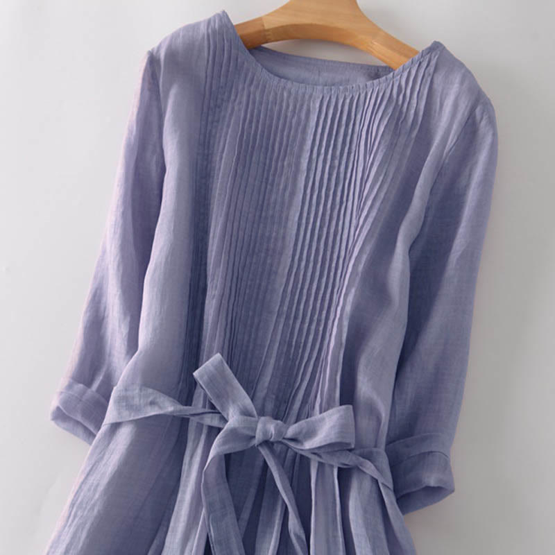 Buddha Stones Casual Lace-up Plain Crew Neck Half Sleeve Midi Dress With Pockets - image 17