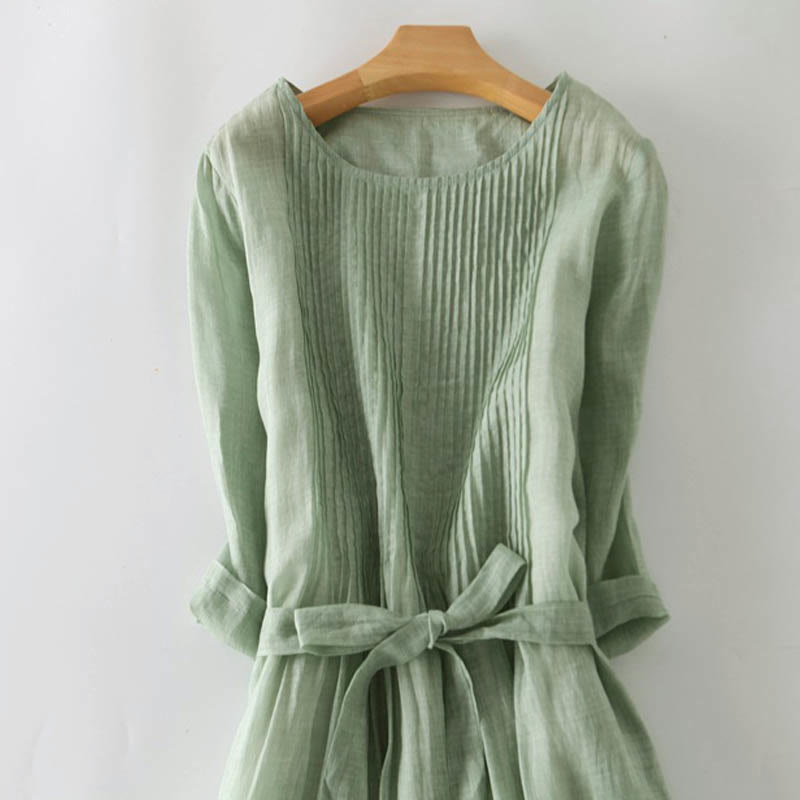 Buddha Stones Casual Lace-up Plain Crew Neck Half Sleeve Cotton Midi Dress With Pockets - image 21