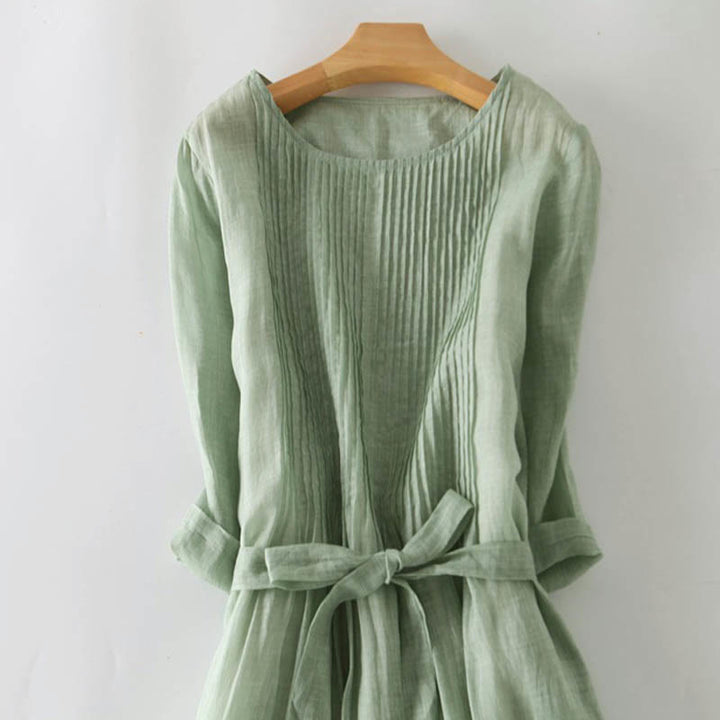 Buddha Stones Casual Lace-up Plain Crew Neck Half Sleeve Cotton Midi Dress With Pockets - image 21
