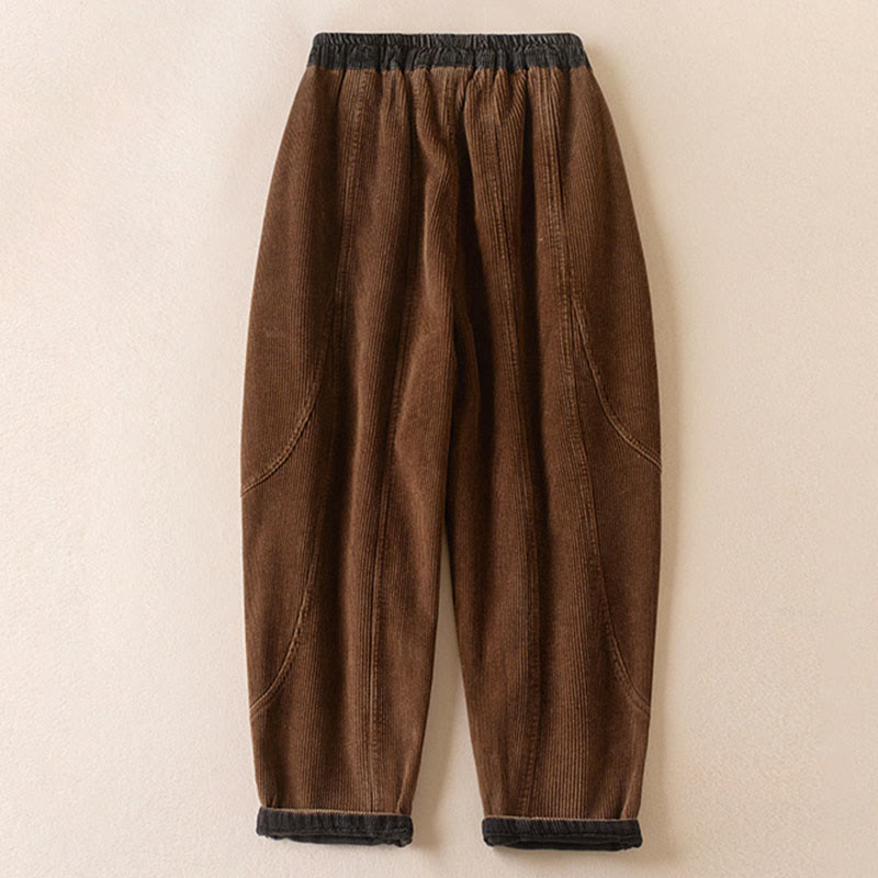 Buddha Stones Color Contrast Corduroy Cotton Women's Thermal Fleece-Lined Harem Pants With Pockets - image 18