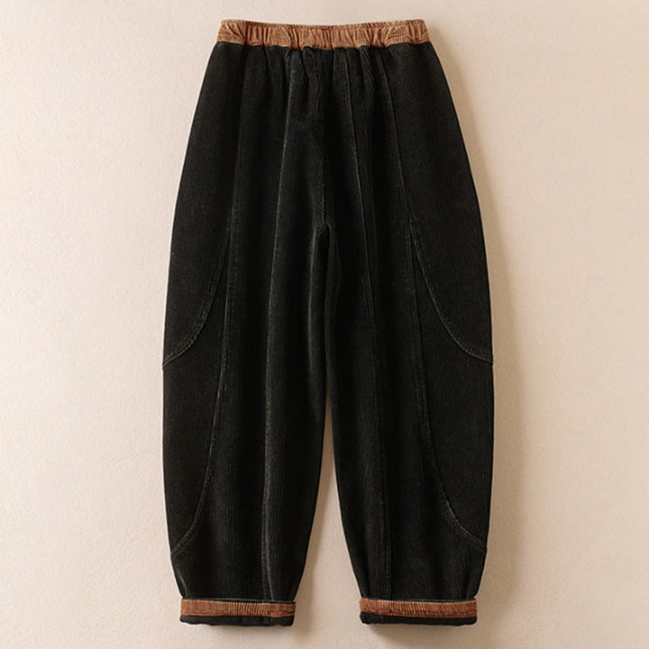 Buddha Stones Color Contrast Corduroy Cotton Women's Thermal Fleece-Lined Harem Pants With Pockets - image 1