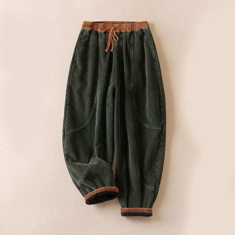 Buddha Stones Color Contrast Corduroy Cotton Women's Thermal Fleece-Lined Harem Pants With Pockets - DarkGreen - US16，UK/AU20，EU48 (3XL) - image 11