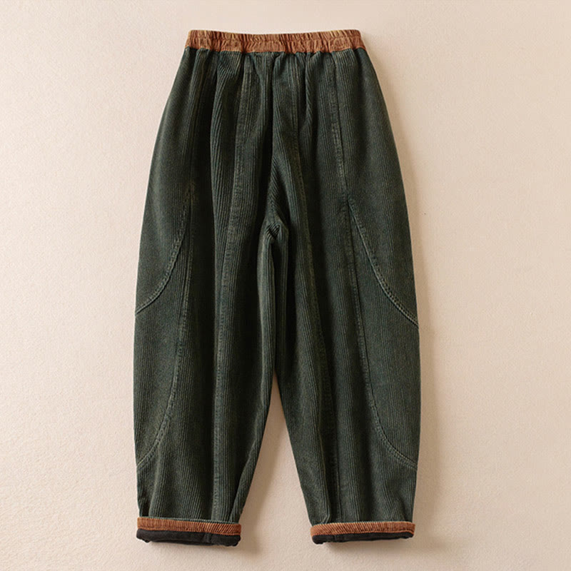 Buddha Stones Color Contrast Corduroy Cotton Women's Thermal Fleece-Lined Harem Pants With Pockets - image 12