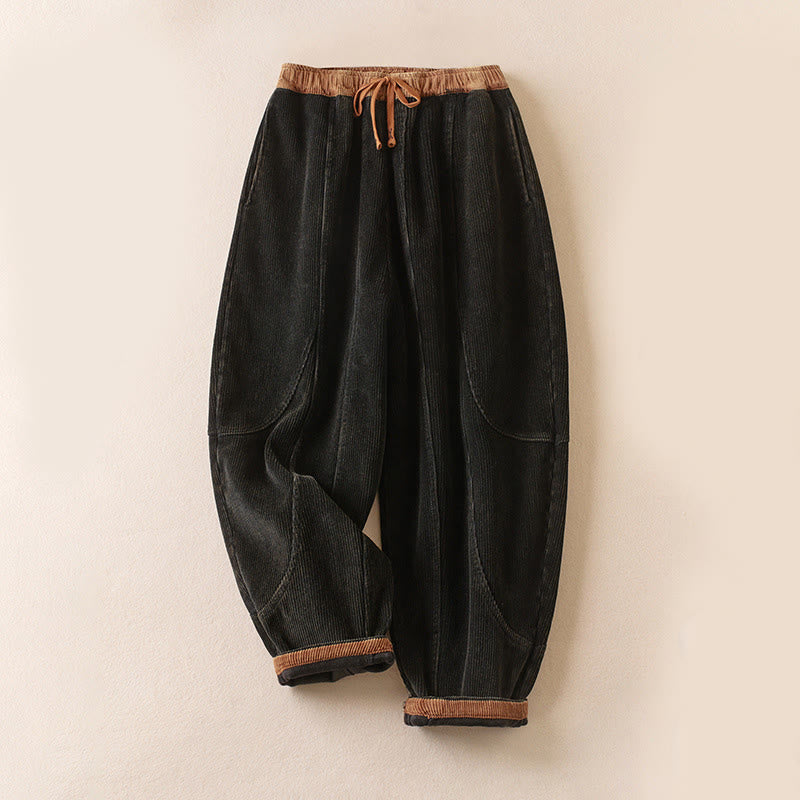 Buddha Stones Color Contrast Corduroy Cotton Women's Thermal Fleece-Lined Harem Pants With Pockets - Black - US8-10，UK/AU12-14，EU40-42 (2XL) - image 1