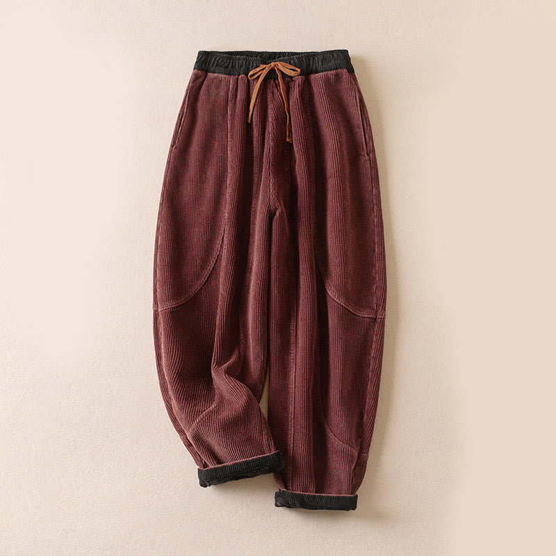 Buddha Stones Color Contrast Corduroy Cotton Women's Thermal Fleece-Lined Harem Pants With Pockets - IndianRed - US16，UK/AU20，EU48 (3XL) - image 5