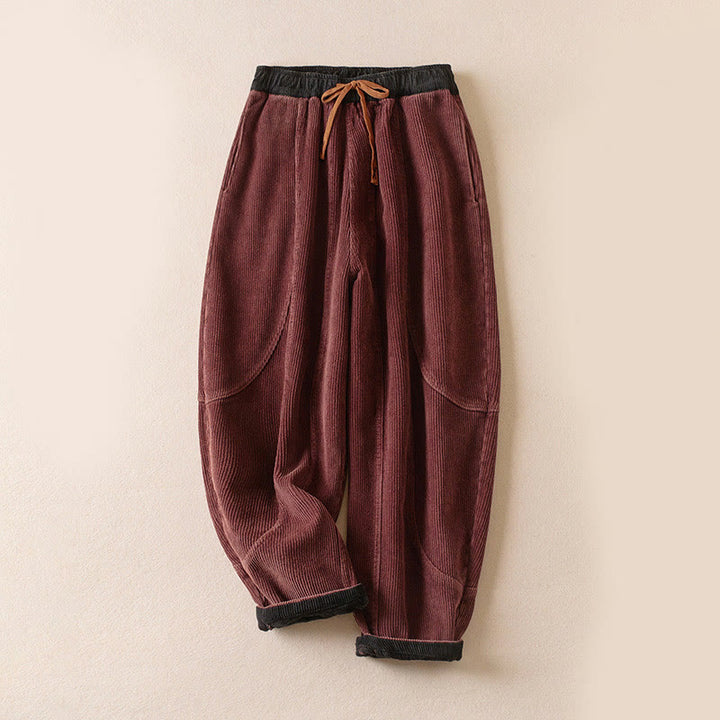 Buddha Stones Color Contrast Corduroy Cotton Women's Thermal Fleece-Lined Harem Pants With Pockets - IndianRed - US16，UK/AU20，EU48 (3XL) - image 5