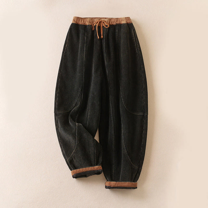 Buddha Stones Color Contrast Corduroy Cotton Women's Thermal Fleece-Lined Harem Pants With Pockets - Black - US16，UK/AU20，EU48 (3XL) - image 0