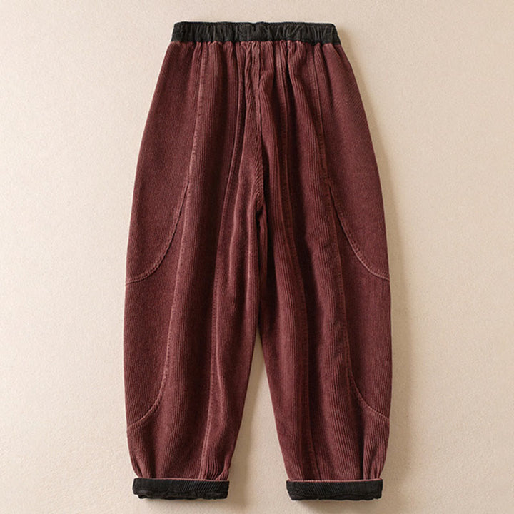 Buddha Stones Color Contrast Corduroy Cotton Women's Thermal Fleece-Lined Harem Pants With Pockets - image 6
