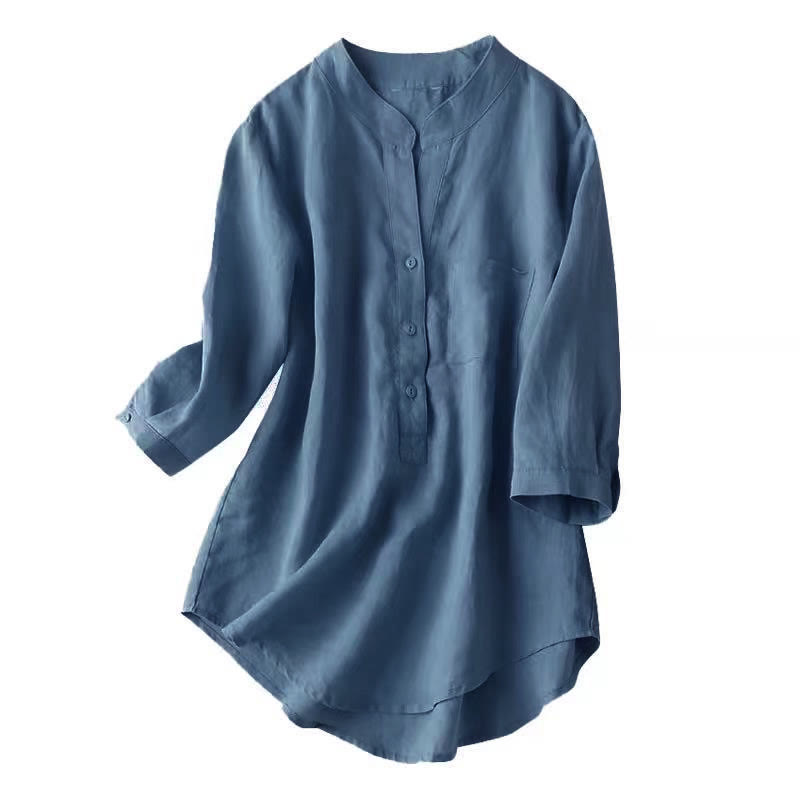 Buddha Stones Casual Women's V-neck Three Quarter Sleeve Design Plain Cotton Linen Shirt - image 5
