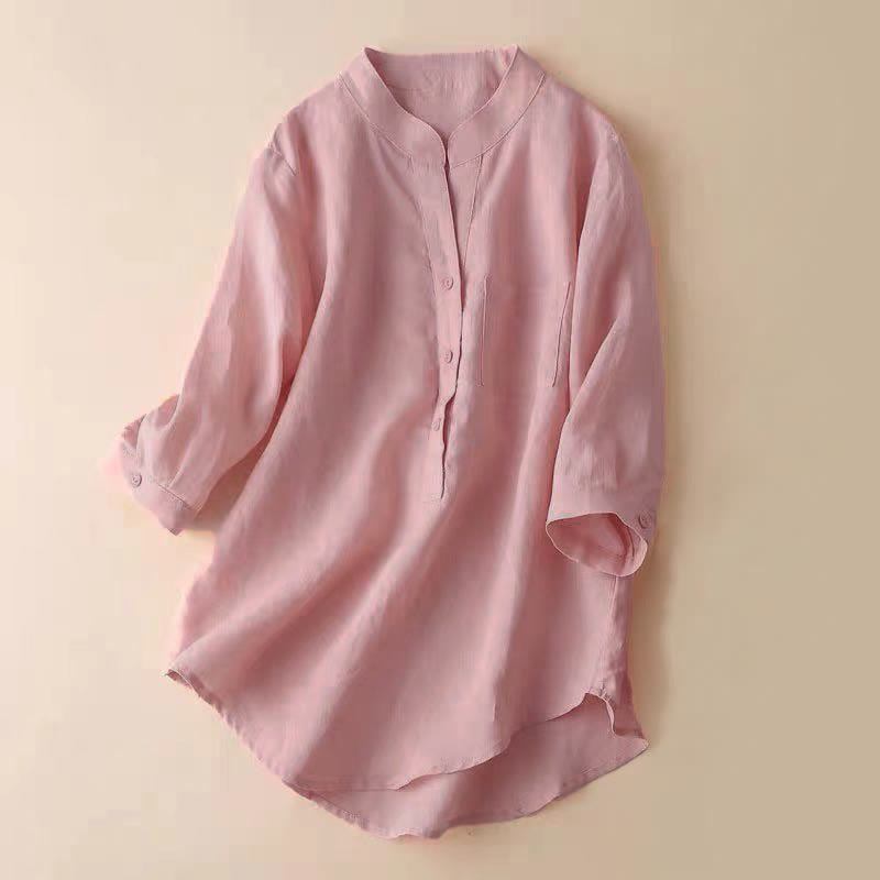 Buddha Stones Casual Women's V-neck Three Quarter Sleeve Design Plain Cotton Linen Shirt - 	Salmon - US12，UK/AU16，EU44 (3XL) - image 12