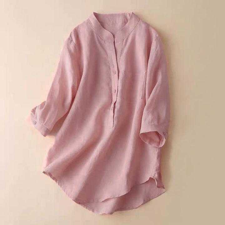Buddha Stones Casual Women's V-neck Three Quarter Sleeve Design Plain Cotton Linen Shirt - 	Salmon - US12，UK/AU16，EU44 (3XL) - image 12